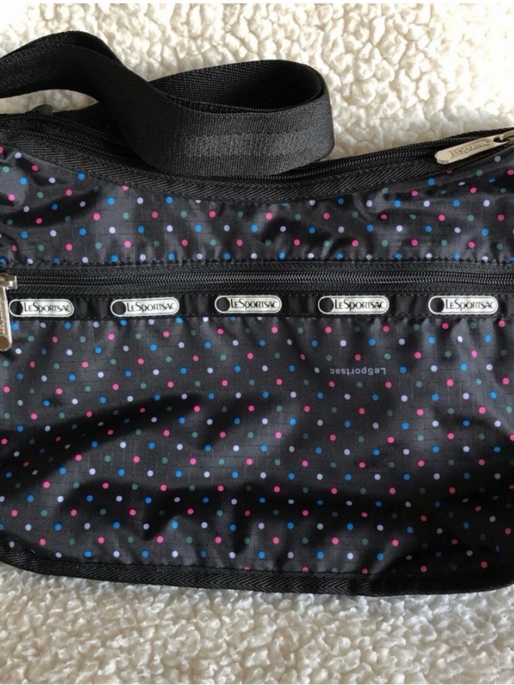 LeSportsac Black Crossbody with Pink and Blue Polka Dots - Picture 3 of 4